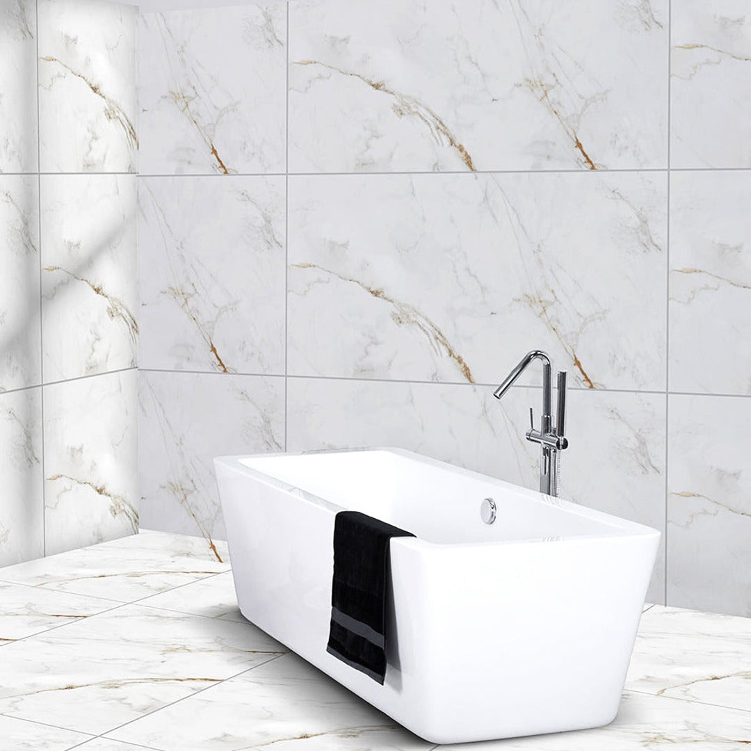 Royal Calcutta White Porcelain Wall And Floor Tiles with elegant gold marble veins.