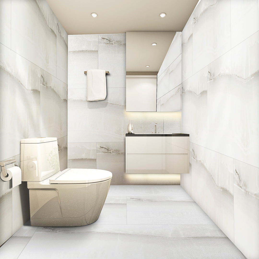 Royal Onyx Bianco White Porcelain Wall And Floor Tiles with black opal marble effect.