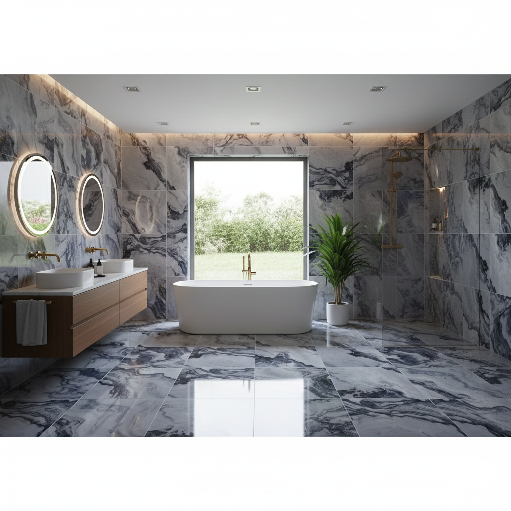 Royal Palermo Blue Polished Porcelain Wall And Floor Tiles for luxurious bathroom and kitchen design.