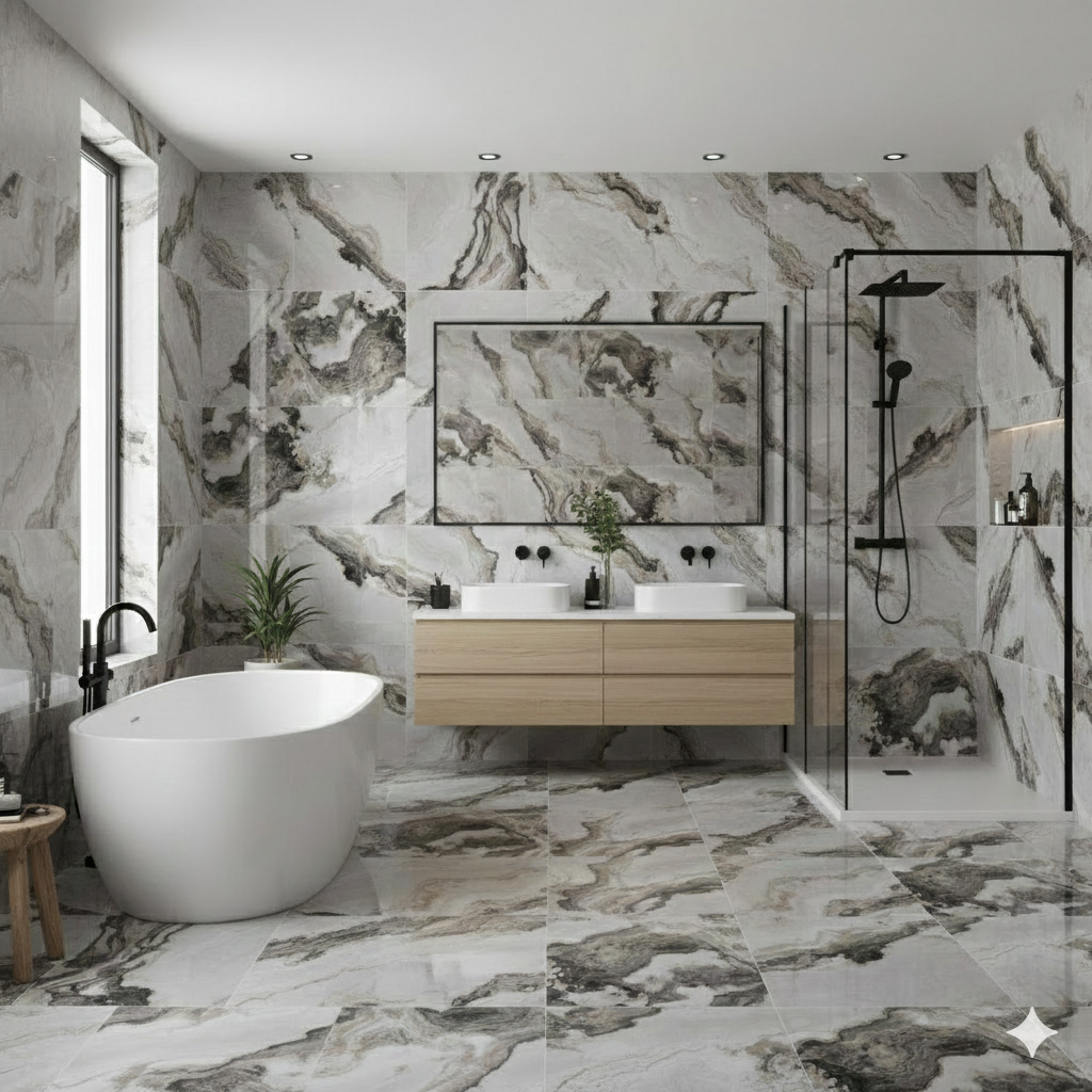 Royal Palermo Polished Grey Porcelain Wall And Floor Tiles for elegant kitchens and bathrooms.