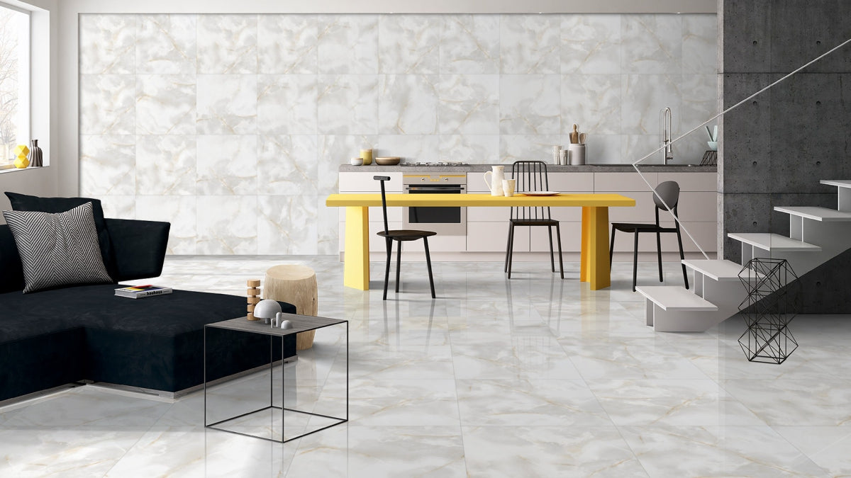 Ruby Onyx Polished Marble Effect Porcelain Tiles for elegant walls and floors in modern interiors.