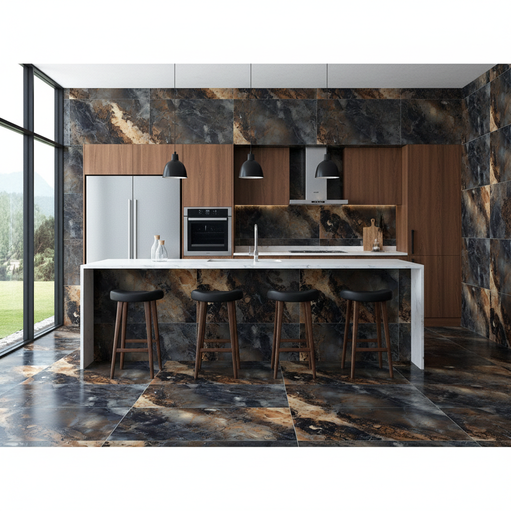 Smoke Gold Porcelain Wall And Floor Tiles with matt marble effect and rich golden veining.