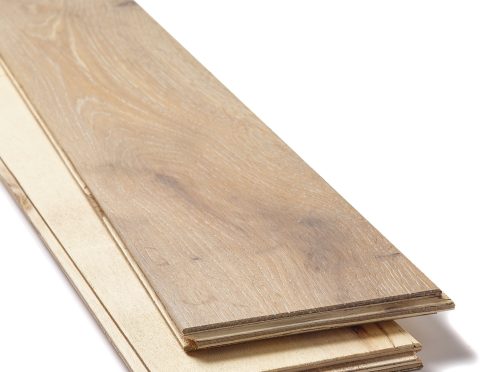 Smoked oak engineered wood flooring with tongue and groove wide plank design.