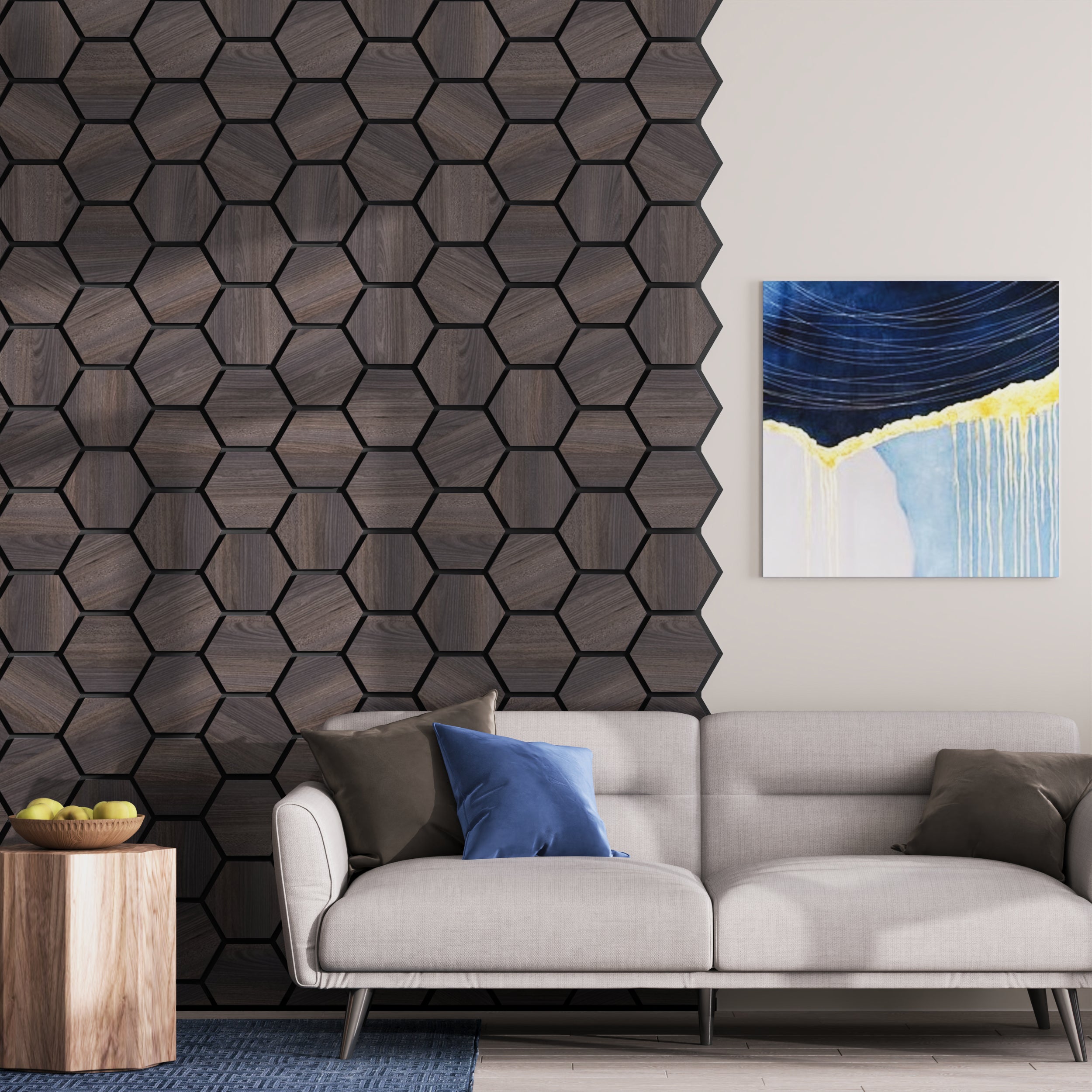Smoked oak hexagon wood panels for stylish soundproofing and acoustic wall design.