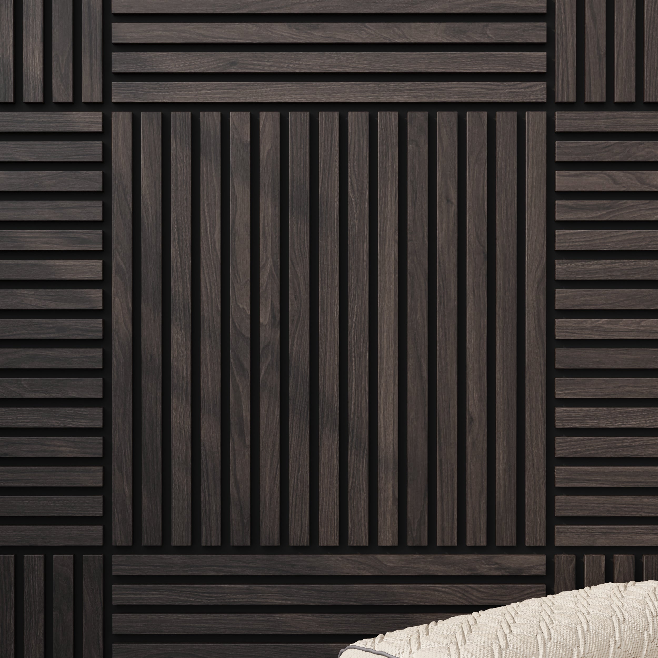 Sound-absorbing smoked walnut slatted wall panels for stylish home and office spaces.