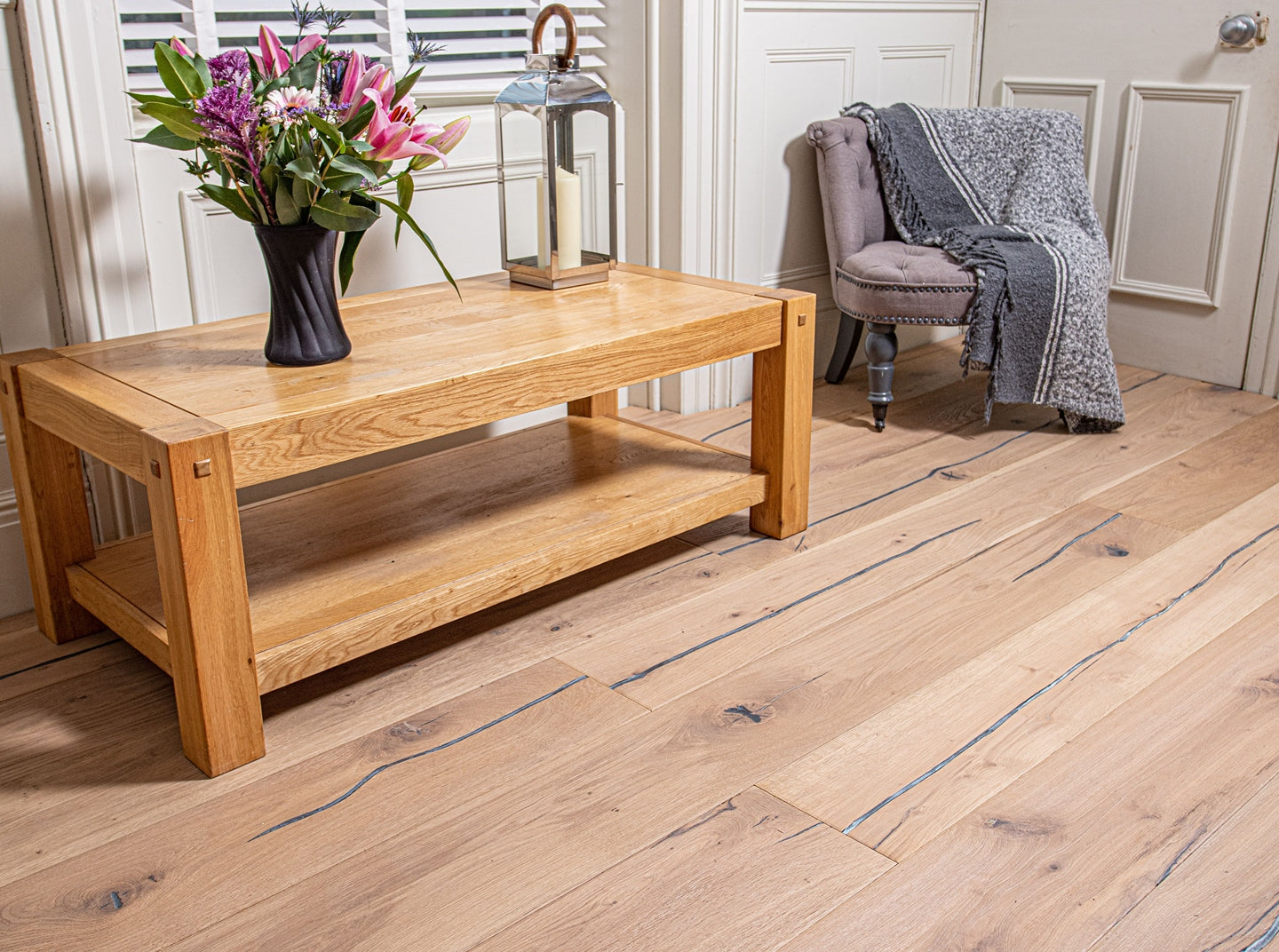 Smoked white distressed hardwax oiled oak engineered flooring with rustic texture and natural wood grain.