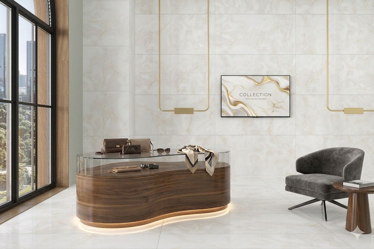 Snopa Onyx porcelain wall and floor tiles with white marble effect for luxury interiors.