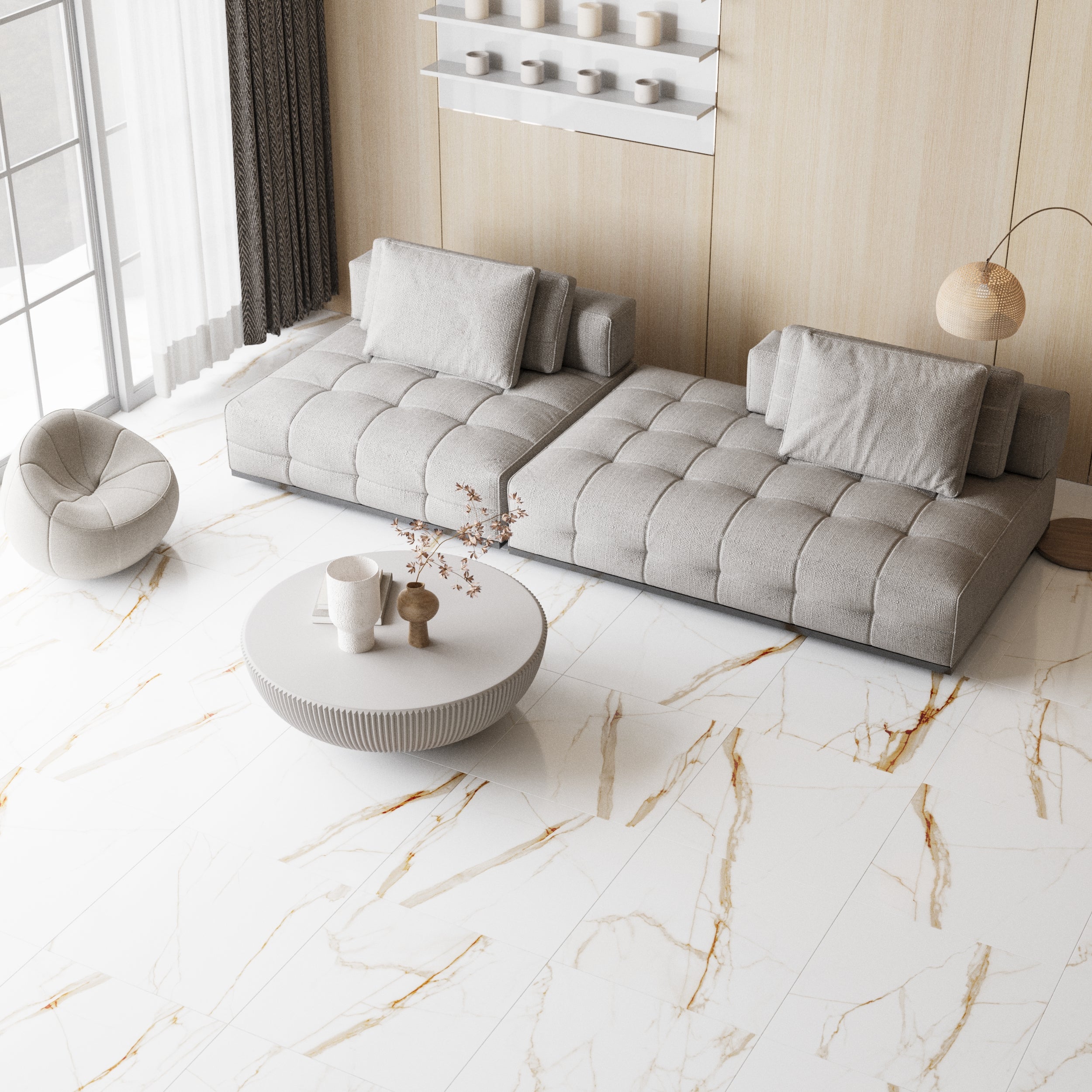 Glossy Soul Honey Marble Effect Tiles for bright, airy interiors in kitchens and living rooms.