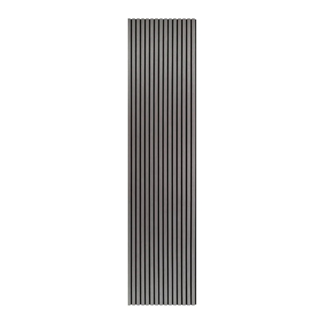 Sound-absorbing grey oak wooden slat panels for home theaters and offices.