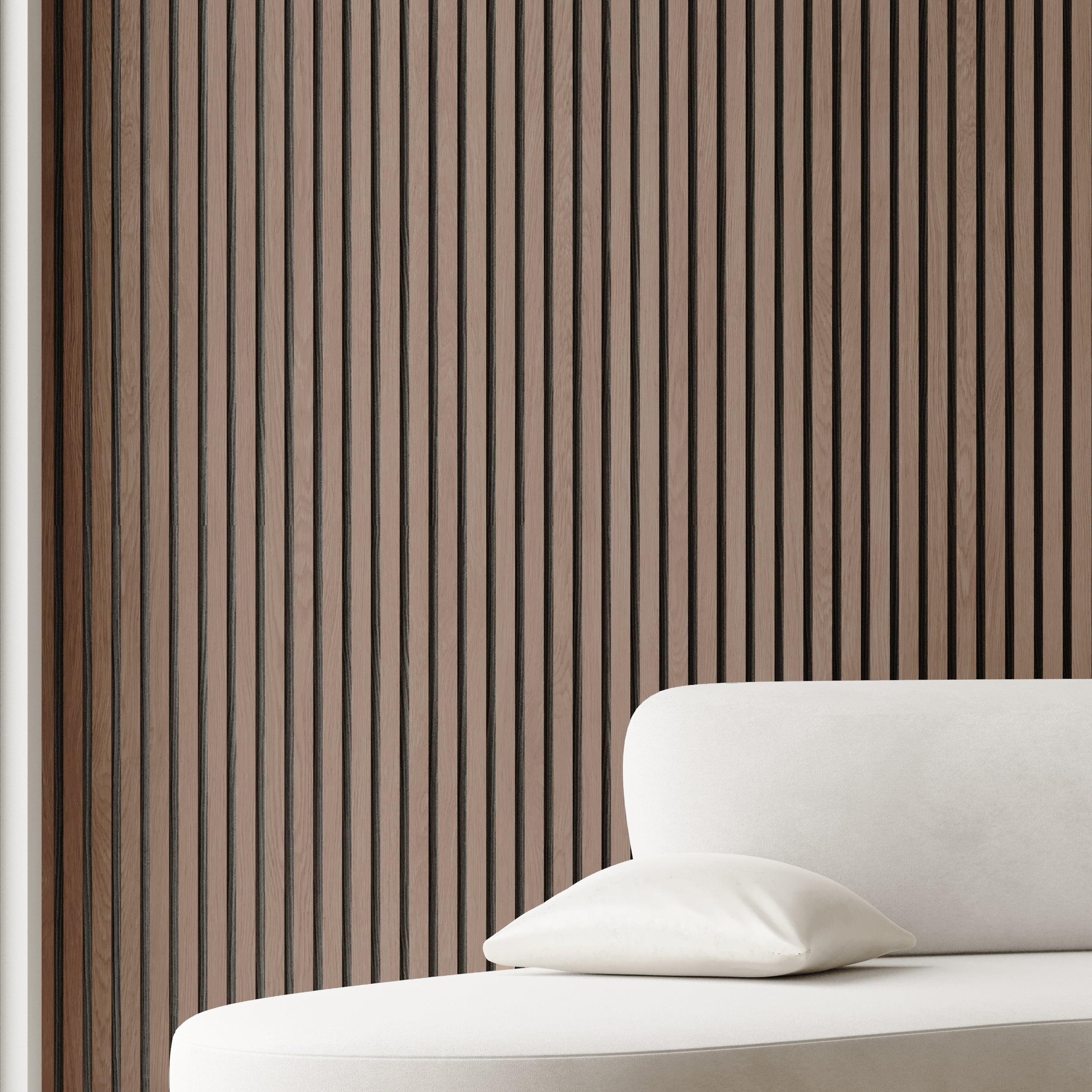 Sound absorbing walnut acoustic panels with clean slat design for offices and studios