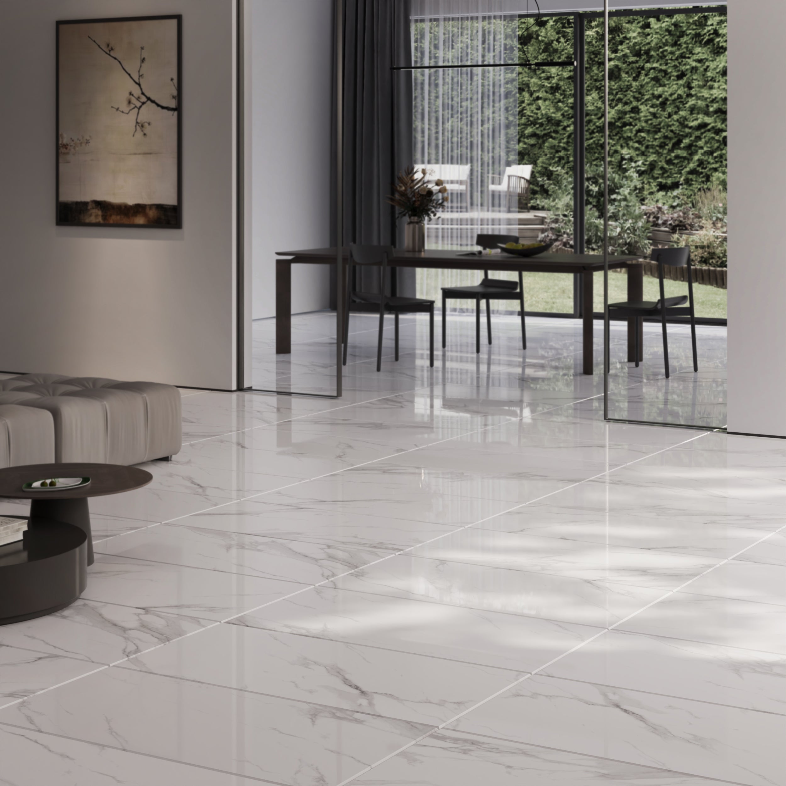 Statuario Crystal Matt Marble Effect Porcelain Wall And Floor Tiles with elegant white veining.