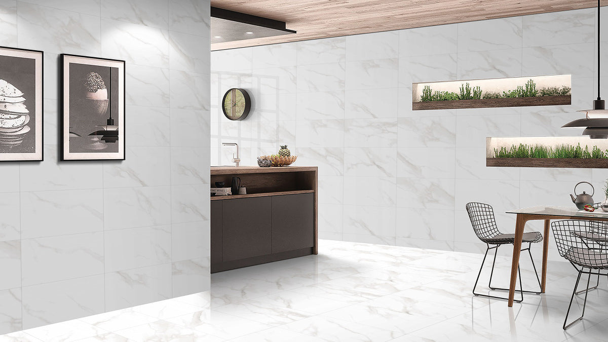 Statuario Crystal polished marble effect Porcelain Wall And Floor Tiles with high gloss finish.