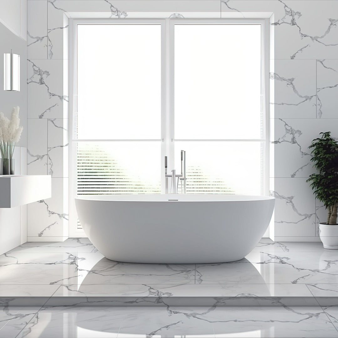 Statuario Nik white Porcelain Wall And Floor Tiles with sleek soft grey veins.