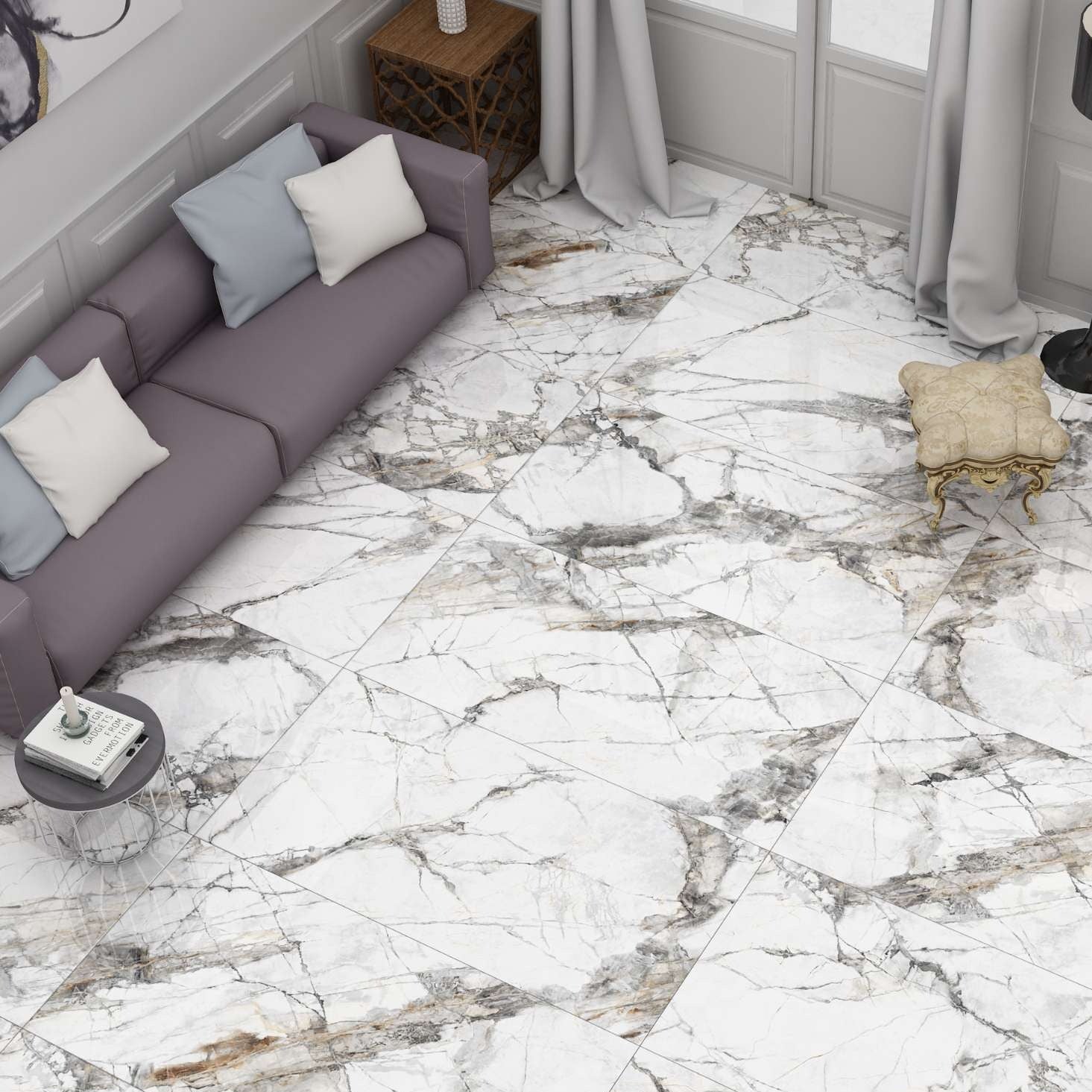 Supremo Saturio Classic Marble Effect Porcelain Wall And Floor Tiles with white and dark grey veining.