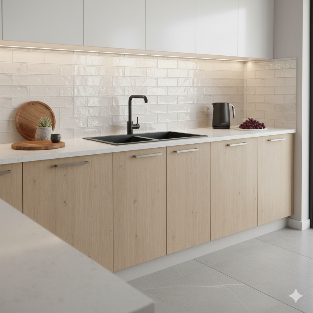 Textured white porcelain wall and floor tiles with reflective glossy surface