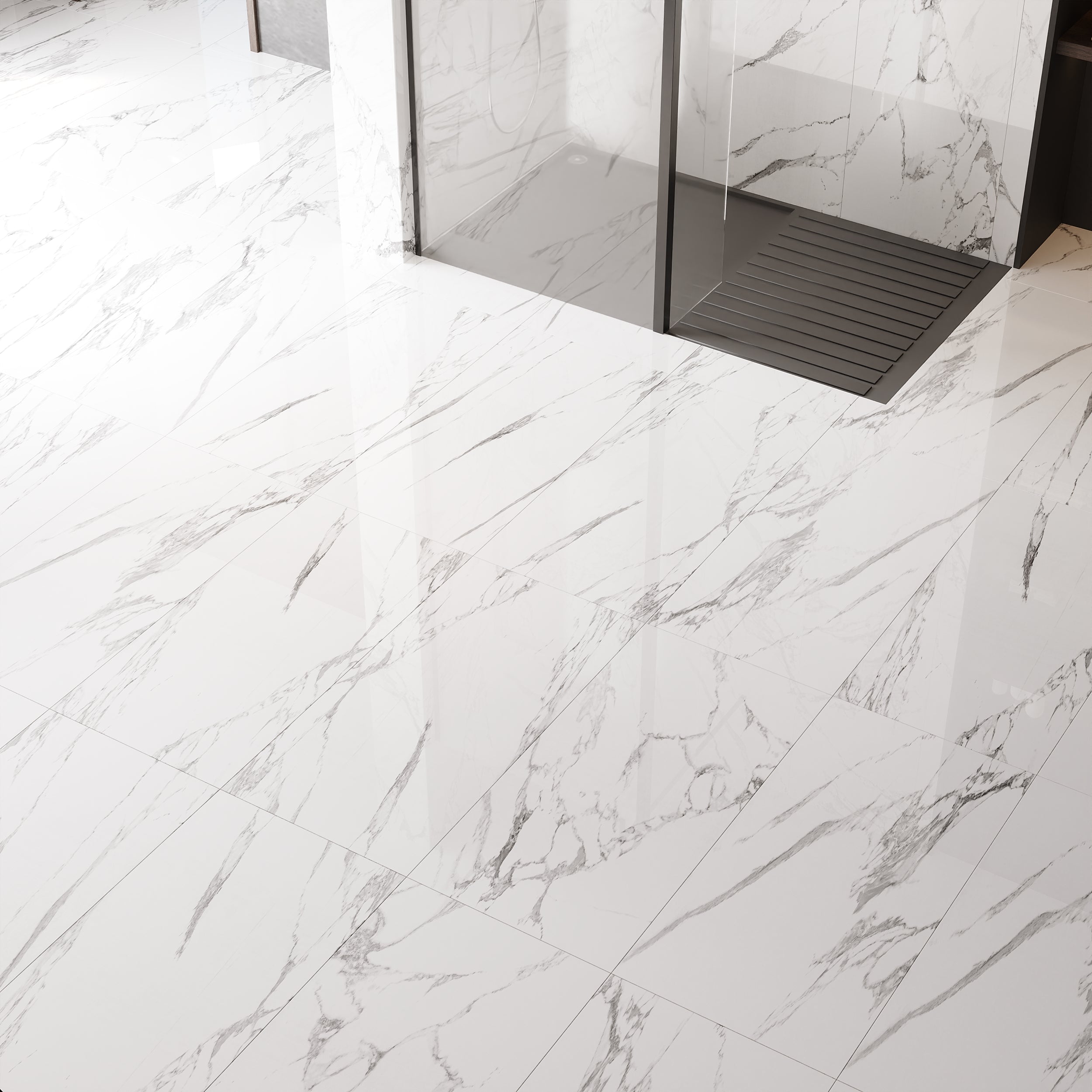 Glossy Polished Porcelain Tiles in Trennzo Marble Effect, ideal for kitchens, bathrooms, and living spaces.