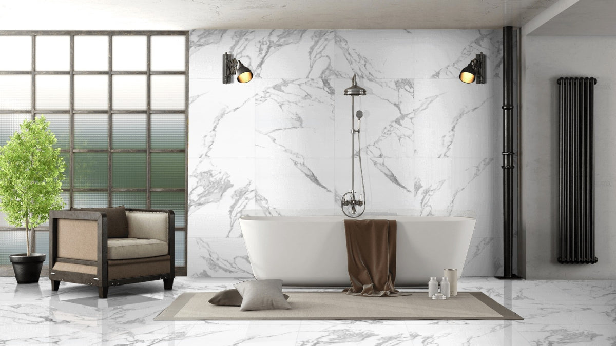 Luxury Trennzo rectified marble effect porcelain floor tiles with high gloss finish for contemporary spaces.