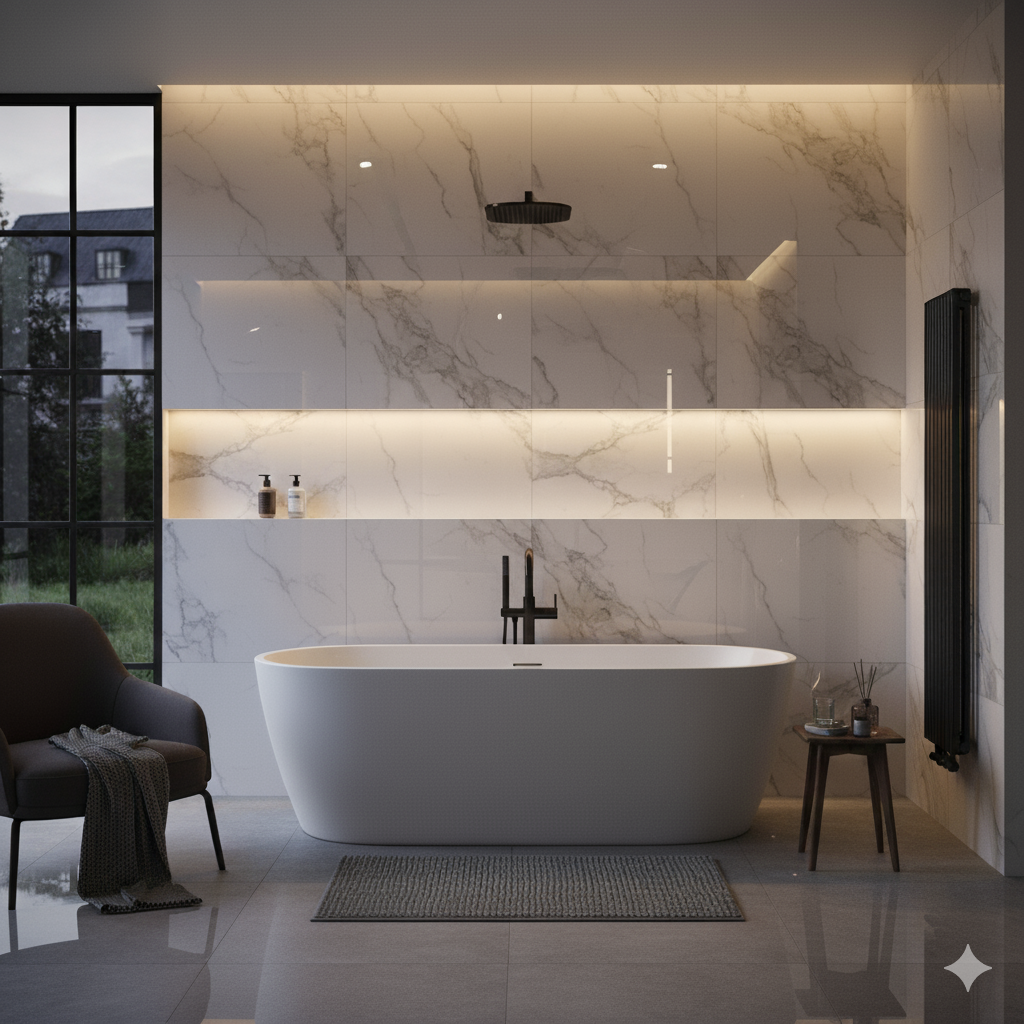 Trennzo polished marble effect rectified porcelain tiles for modern kitchen and bathroom interiors.