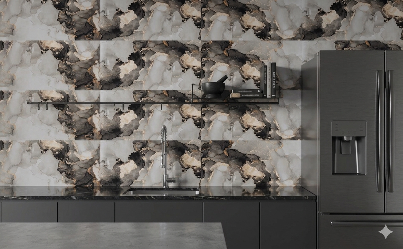 Ultra-gloss porcelain wall and floor tiles in large format for modern luxury interiors.