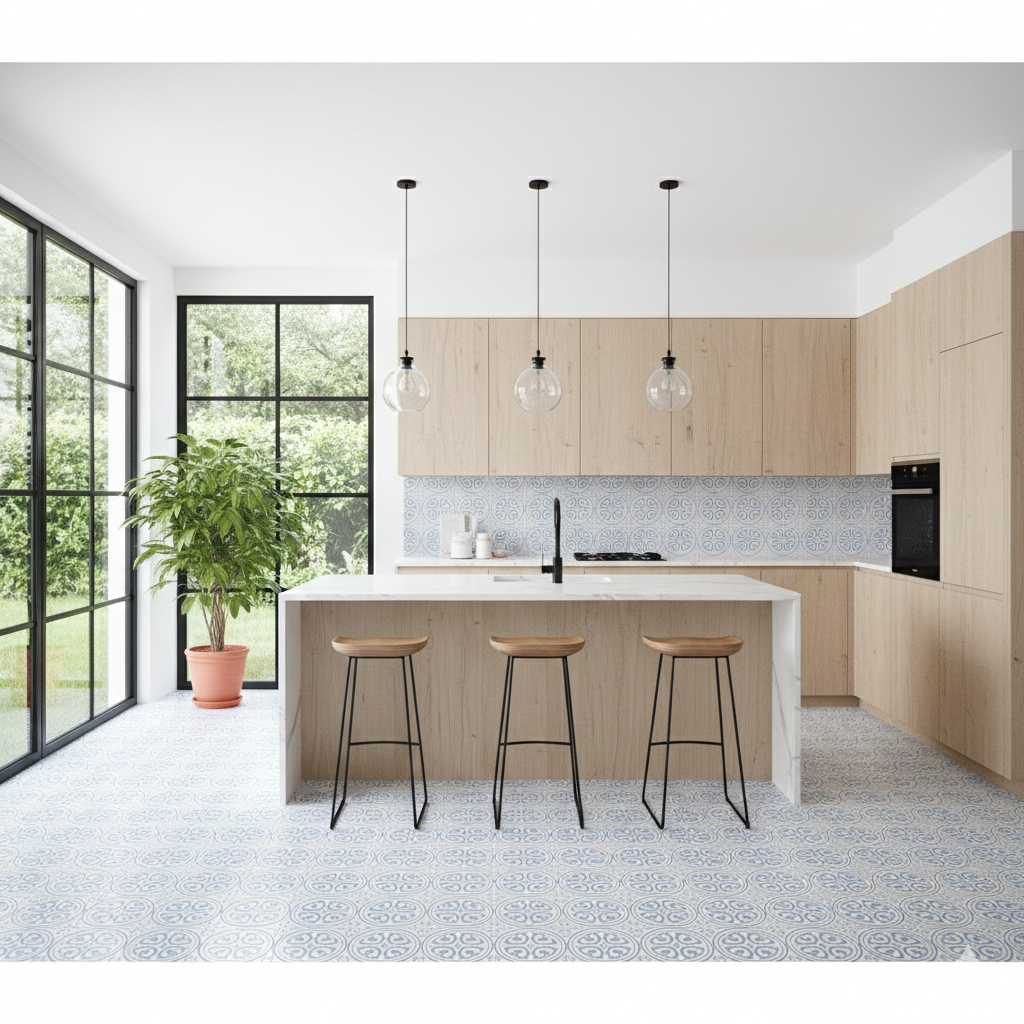 Vintage cube pattern blue matt porcelain wall and floor tiles for stylish feature walls.