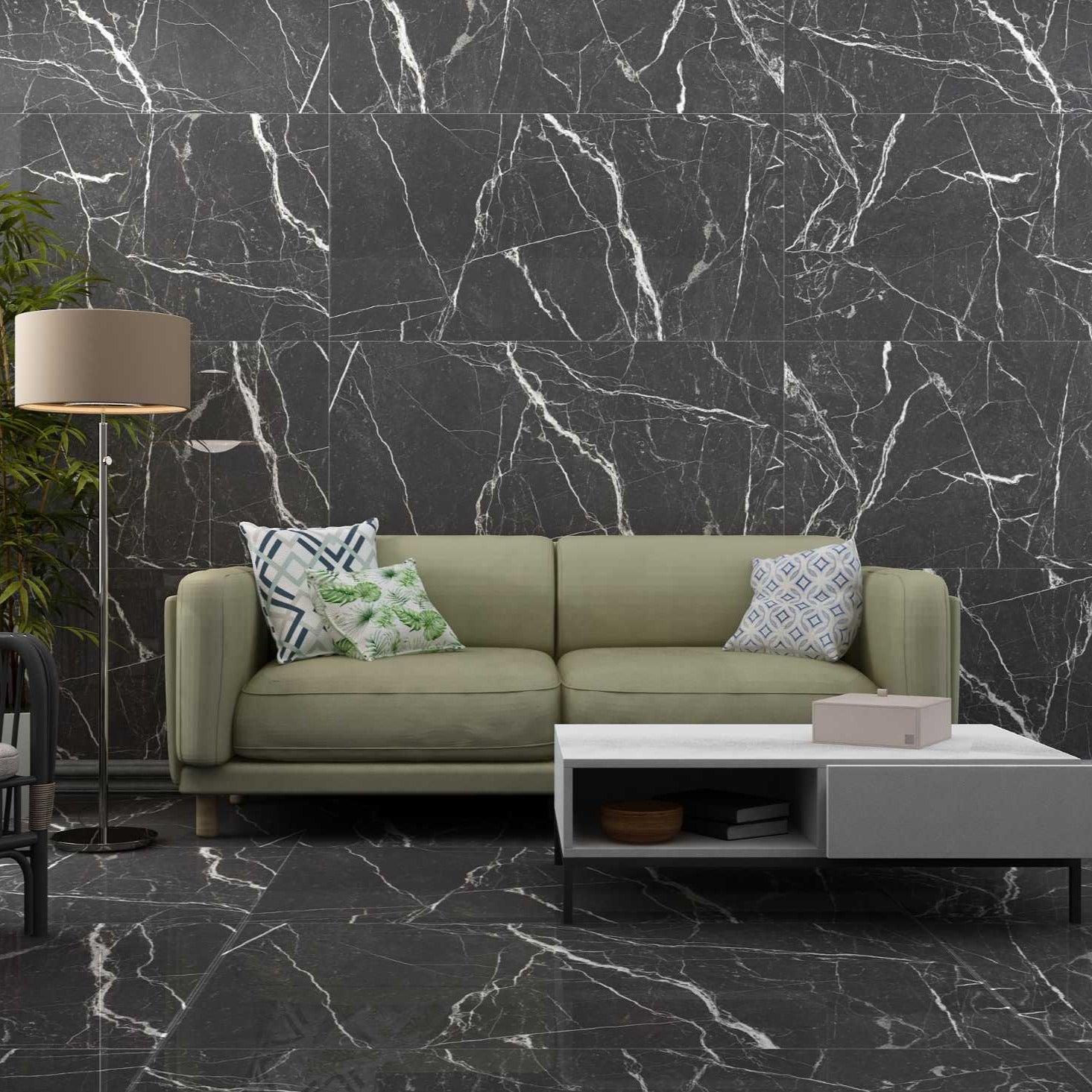 Visual Art Gloss Finish Black And White Porcelain Wall And Floor Tiles with striking marble effect design.