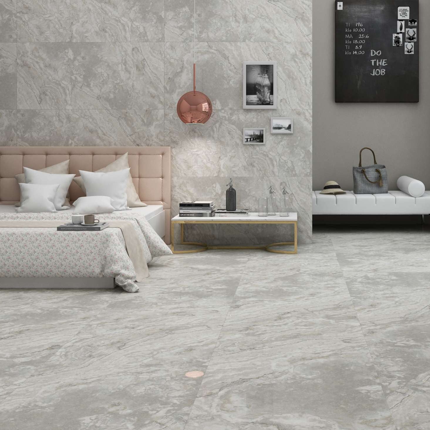 Vivanta Soft Grey Cloudy Marble Veins Porcelain Wall And Floor Tiles with glossy luxury finish for modern interiors.
