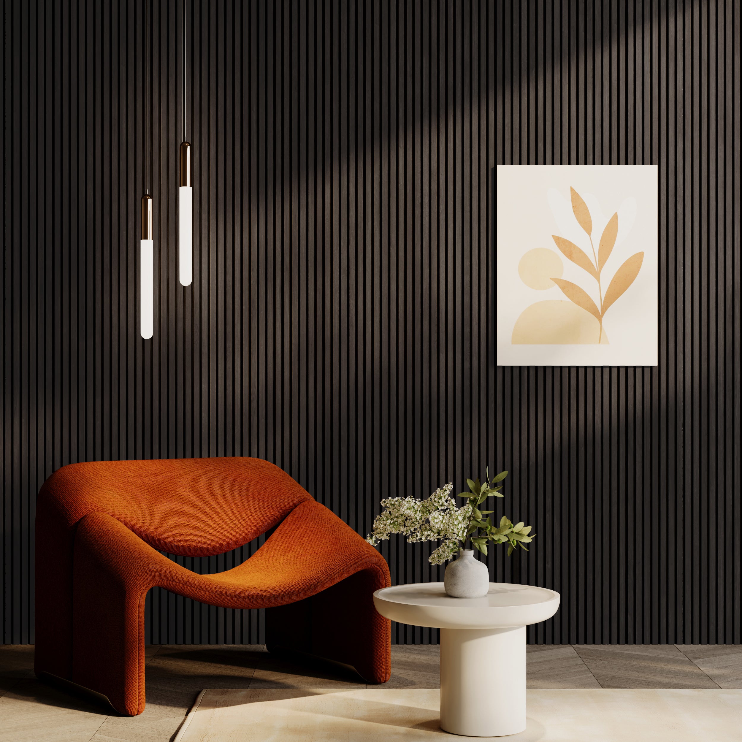 Walnut dark-brown wooden slat premium acoustic wall panels for sound absorption in homes and offices.