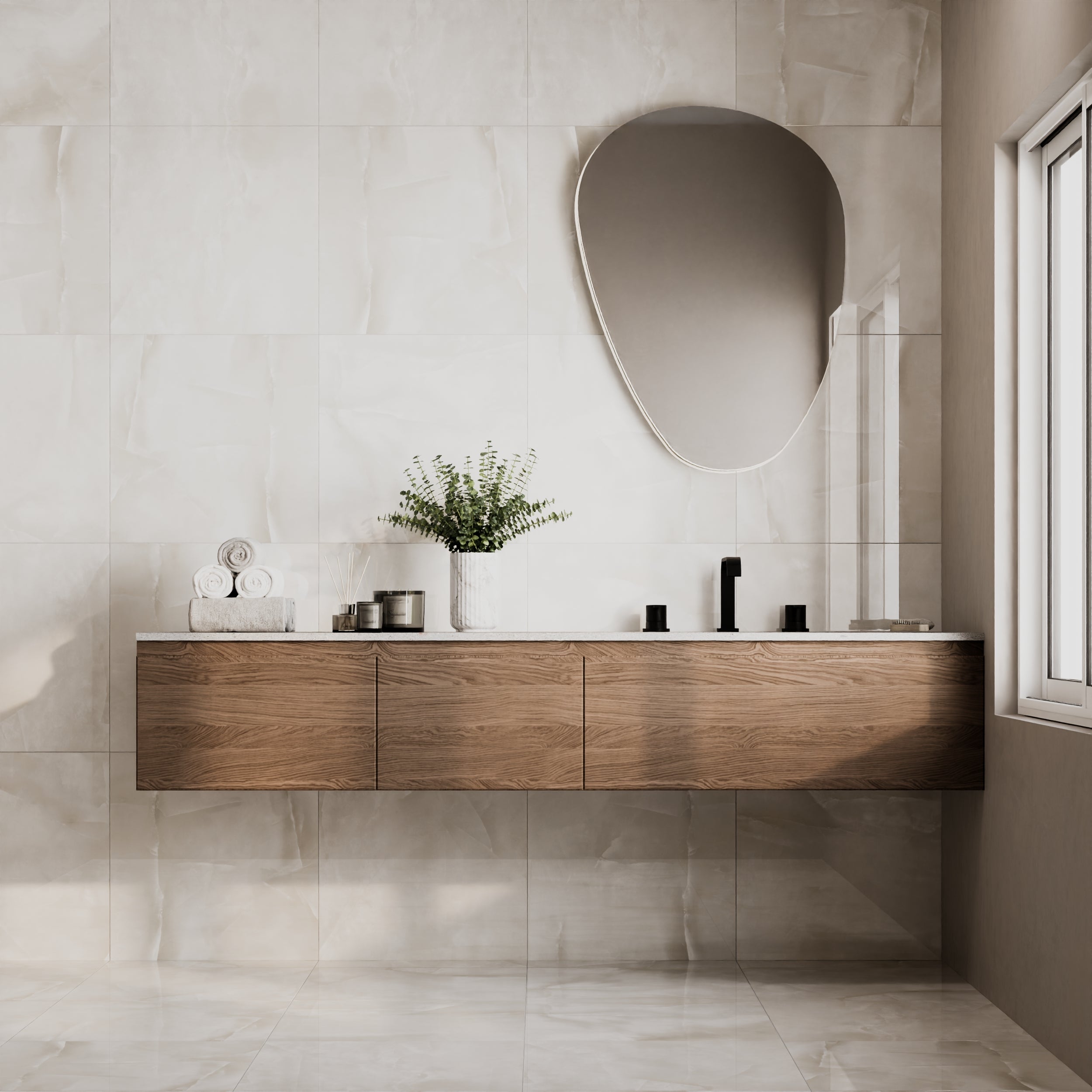 Warm beige Porcelain Wall And Floor Tiles with delicate veining and glossy finish