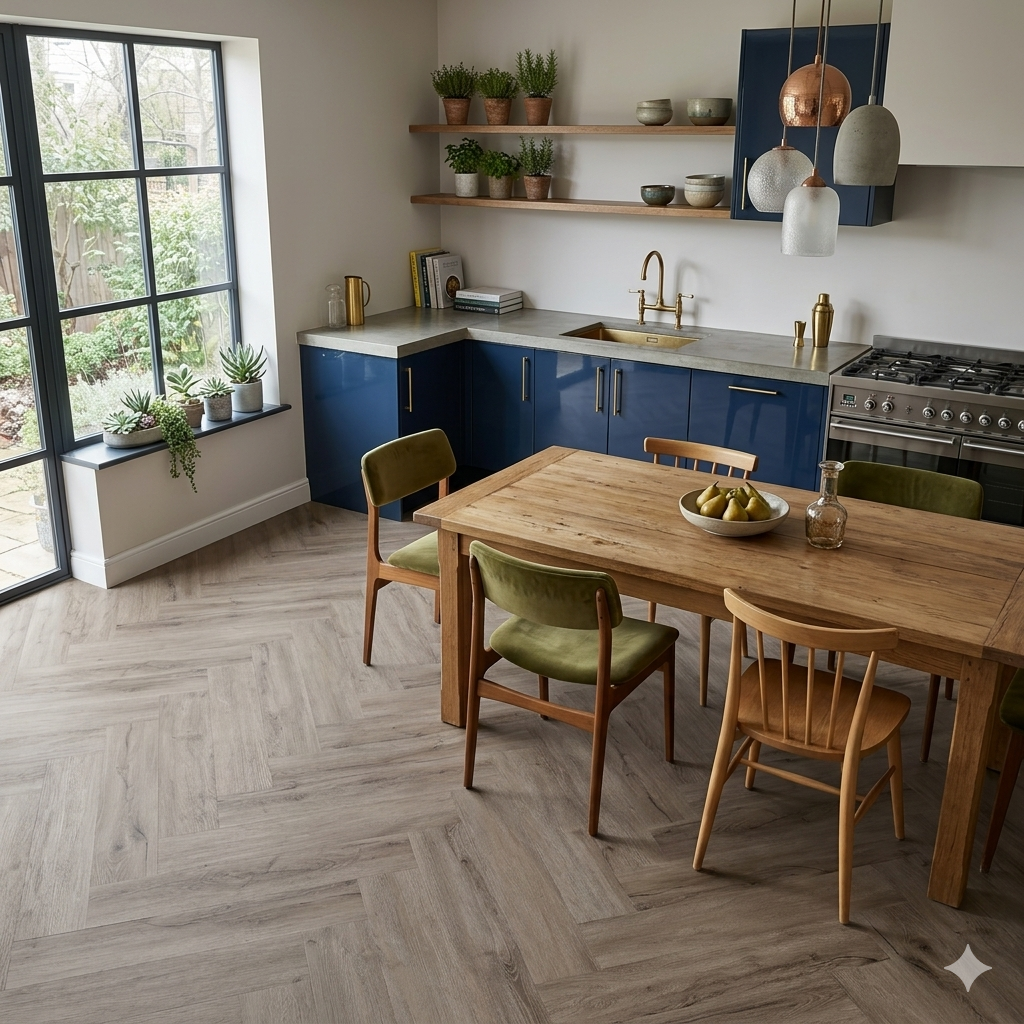 Warm grey oak LVT SPC Flooring with matt herringbone design for modern interiors.