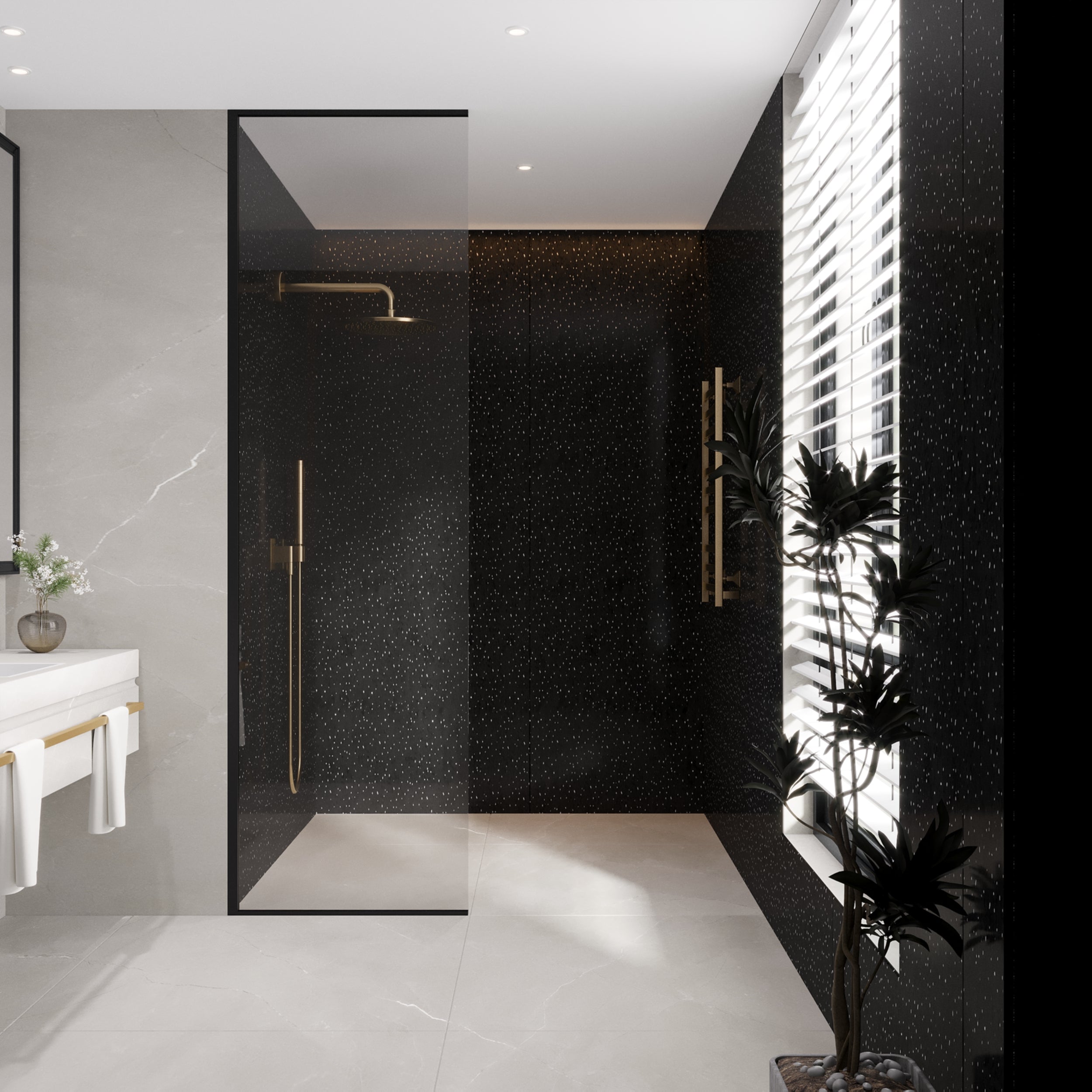 Waterproof black terrazzo shower panels with sparkle finish for seamless bathroom walls.