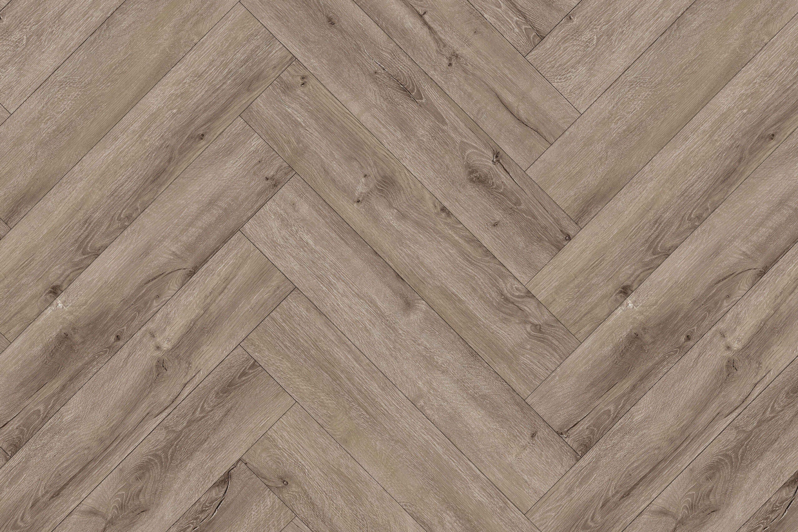 Waterproof warm grey LVT SPC Flooring with oak grain herringbone texture.