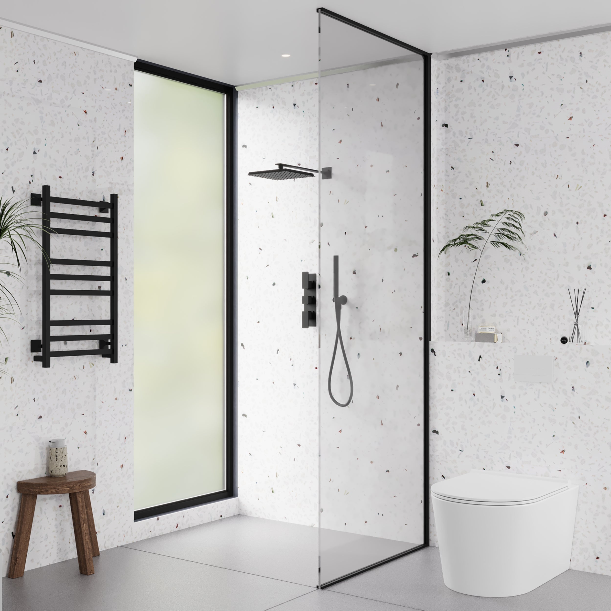 Waterproof PVC bathroom wall panels with elegant white sparkle finish, ideal for modern kitchens and shower walls.