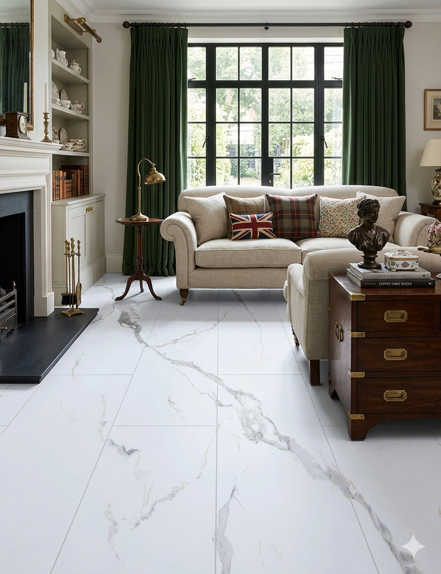 White Marble Effect LVT SPC Flooring with elegant stone look and premium matt finish for modern interiors