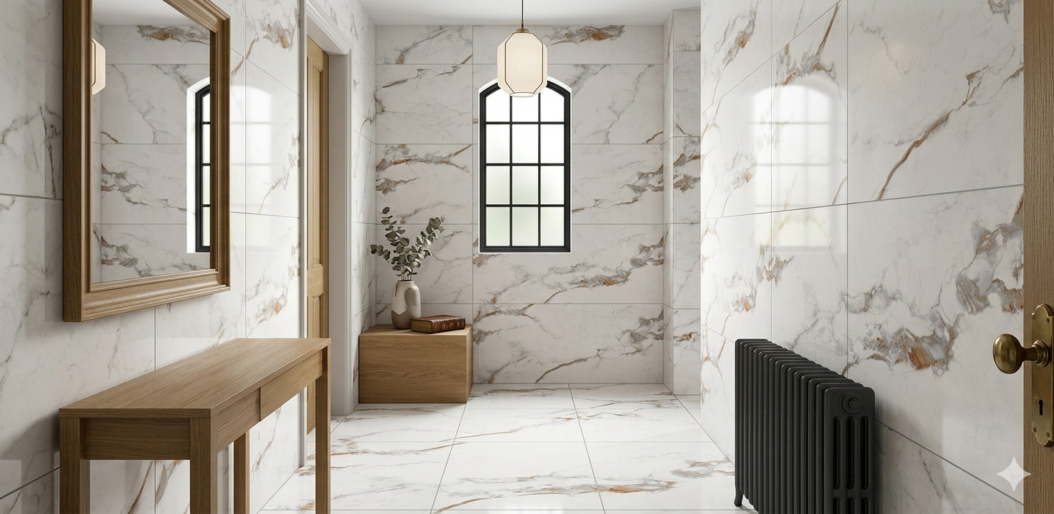 White marble effect porcelain wall and floor tiles with carved finish for modern interiors.