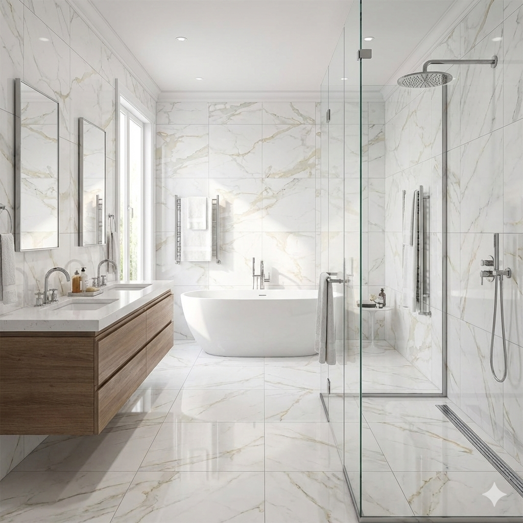 White Marble Porcelain Wall And Floor Tiles with high gloss finish and elegant golden streaks.