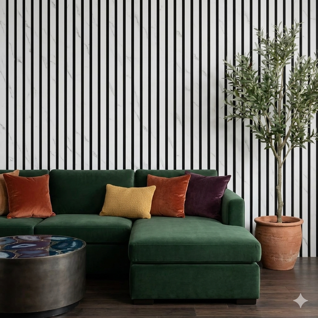 White marble wooden acoustic panel with black slats for modern interiors and sound absorption.