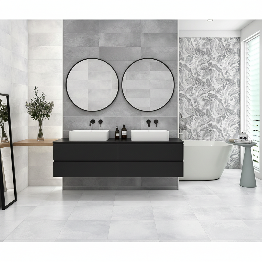 White matt patterned porcelain wall and floor tiles with subtle botanical design for interiors.