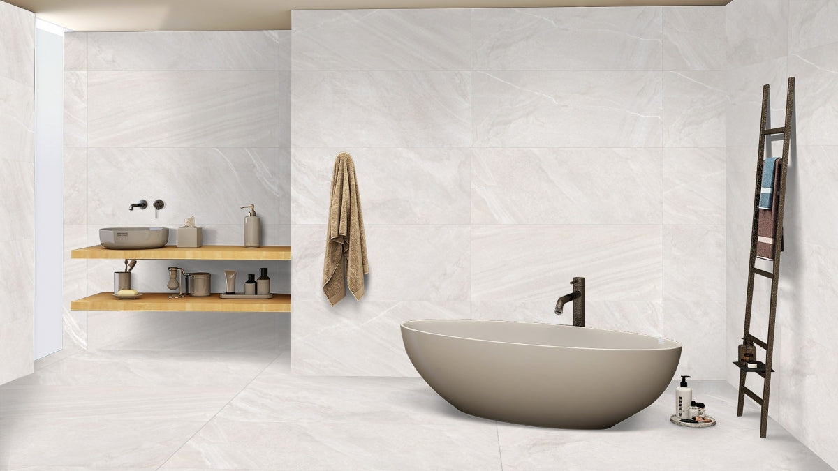 Matt stone effect white tiles suitable for modern kitchens and bathrooms