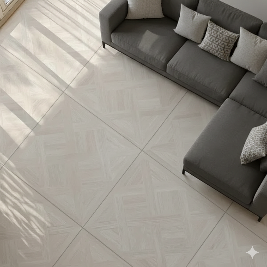 White Parquet Effect Matt Porcelain Wall And Floor Tiles with wood-look finish for modern and spacious interiors.
