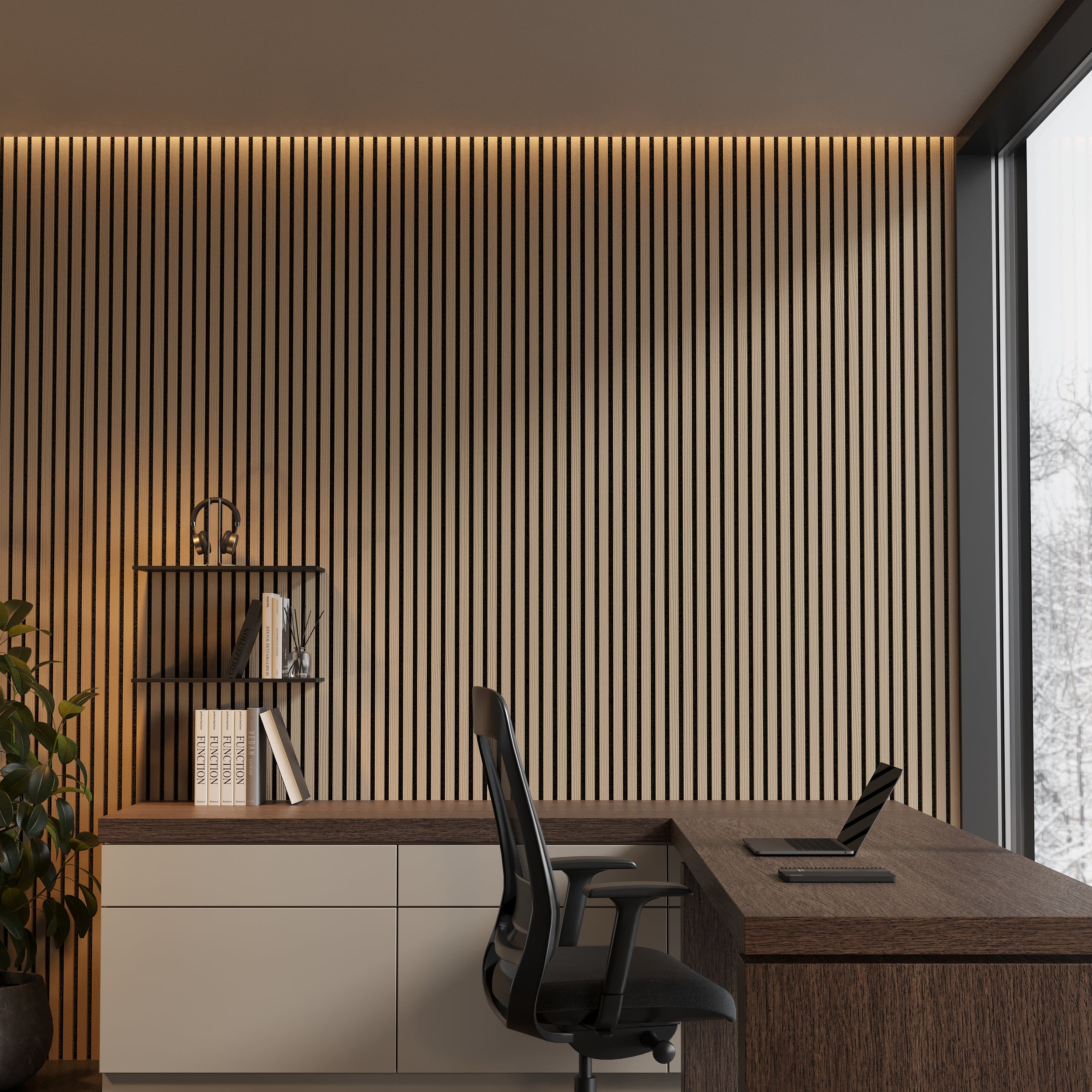 Yellow oak Acoustic Panels with vertical slats for modern soundproof wall design.